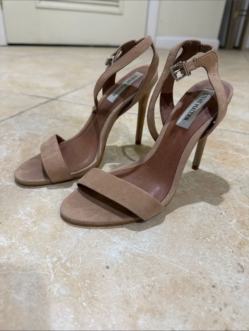 Steve Madden Nude/Tan Suede Ankle-Strap Stiletto Sandals